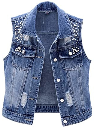 Jeansjacke, Damen-Jeansweste Jacke Dunkelblau Zerrissen Distressed Perlen Ärmellos Button-Up Western-Jeansjacke Modische Waschung Verblasste Denim-Gilet Lässige Lockere Oberbekleidung Oberteile Xl