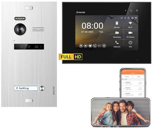 Nonic Balter EVO HD Silber/Schwarz WiFi Video Türsprechanlage Set für 1 Familienhaus (1x Türstation mit Full HD-Kamera, 1x Touchscreen 7 Zoll Monitor, Smartphone APP, 2-Draht, 175° Weitwinkel)