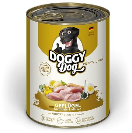 DOGGY Dog Paté Geflügel Puppy/Junior, 6 x 800 g, Nassfutter für junge Hunde, getreidefreies Welpenfutter mit Lachsöl und Grünlippmuschel, Hundefutter mit Kartoffeln und Möhre, Made in Germany