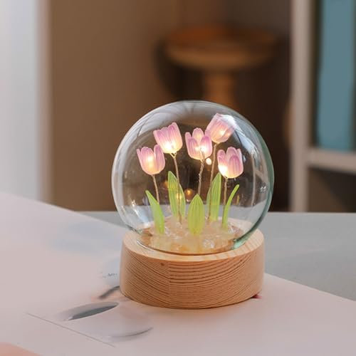 ViaGasaFamido Lampada da Notte a Forma di Tulipano Fai-da-Te Sfera di Cristallo e Vetro con Base in Legno per Camera da Letto Viola