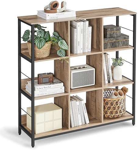 VASAGLE Meuble de Rangement 3 Niveaux, Étagère Rangement, Bibliothèque Style Industriel, 9 Cubes, pour Salon, Bureau, Entrée, Cuisine, 30 x 100 x 103,1 cm, Marron Camel et Noir d'encre LLS112B50