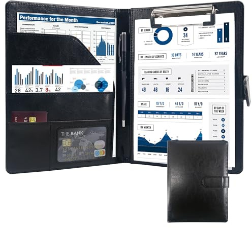 Schreibmappe A5 Klemmbrett Mappe mit Magnetischer Verschluss, organizer büro mappe, Schwarz Ordner, Dokumentenmappe für Unternehmen