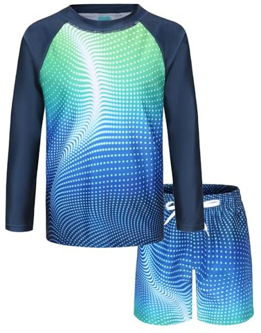 Jungen Langarm Badeset UV Shirt+Badeshort Kinder Zweiteiliger Badeanzug Schnelltrocknendes Schwimmanzug 158 164/13-14 Jahre