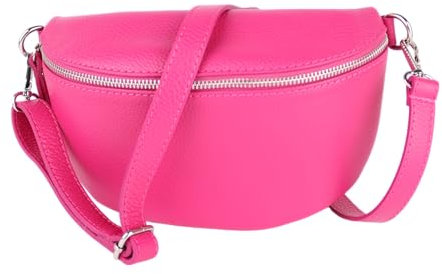 MIRROSI® Bauchtasche Damen, Made in Italy, Echtleder Umhängetasche Echtes Leder, Brusttasche, Crossbody Bag aus Echtem Leder, in 3 Größen erhältlich (Pink Silberner Reißverschluss) (Gr.L)