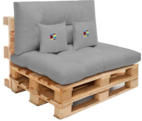 DECORESTOR Cojín y Respaldo para Sofá de Palets - Asiento 120x80, Respaldo 120x60, Cojines Bordados 40x40 (Gris)