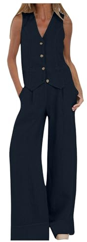 Trouser Suits for Ladies Wedding Womens Waistcoat and Trouser Set 2 Piece Set V Neck Sleeveless Button Vest Wide Leg Trouser 2 Piece Blazer Suit Summer Matching Sets Cotton Linen Pants Set Navy