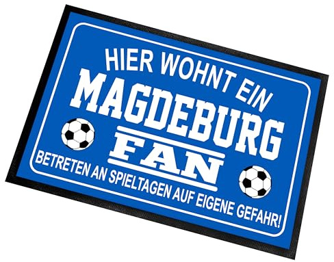 Fußmatte für Fußball Fans | Türmatte mit Spruch | 60x40cm | Hier wohnt ein Magdeburg Fan - Betreten an Spieltagen auf eigene Gefahr! | für innen und außen | Vorleger für die Haustür / Flur