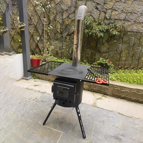 JYHHCYS Steel Wood Camping Tent Stove - Wood Log Burner Stove Cooking Hob or Grill with Two Furnace Rings - Firewood Stove Camping W/Foldable Side Panels for For Rural, Backyard, Garden