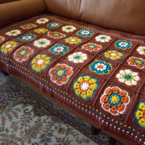 Handmade Granny Square Crochet Throw Blanket, Light Weight, Soft, Warm, Cozy, Home Decor (Khaki) 53 x30