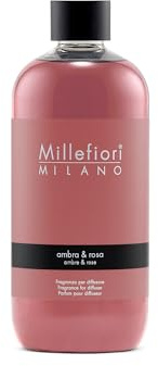Millefiori Milano – Fragranza Ricarica per Diffusore a Bastoncini 500 ml, Ambra & Rosa – Profumatore Ambiente Raffinato con Note Fiorite e Legnose