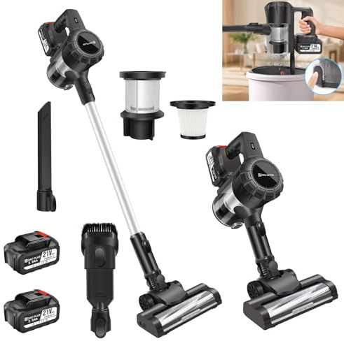 Bowose Aspirateur autonome à deux vitesses et LED, aspirateur sans fil avec deux batteries et support mural, aspirateur à main rechargeable pour sols en bois dur/tapis/canapé/poils d'animaux