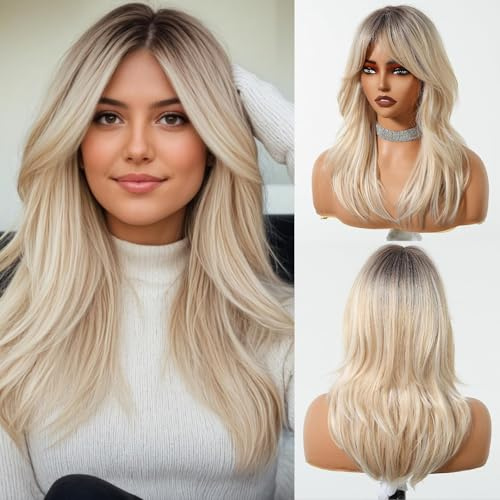 OUFEI Blonde Lange Natürlich Glatte Kunsthaar Perücke für Damen Alltag