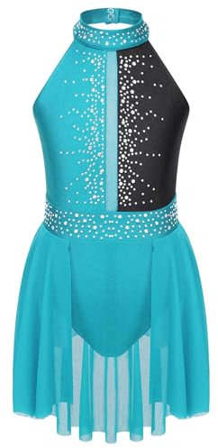 GSJNHY Damen Lyric Kleidung Kinder Mädchen Eiskunstlauf Gymnastik Gymnastikanzug Kleid Neckholder ärmellos ausgehöhlter Rücken Ballett Tutu Strass Lyrical Dance Kleid (Grün Schwarz, 10)