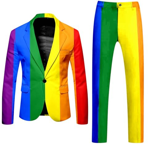 Bauzuoyo Costume coloré pour homme - Costume arc-en-ciel fluo - 2 pièces - Veste de costume et pantalon de costume amusant - Rayures arc-en-ciel - Tenue de fête disco