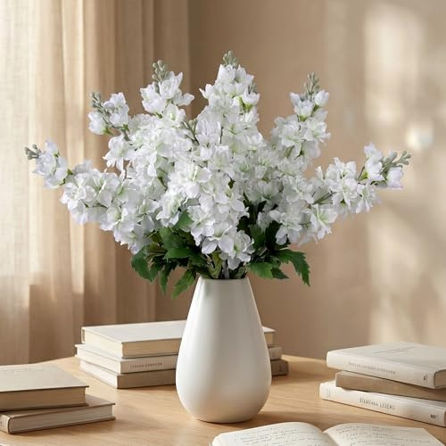 Fake Flowers 23.6” Delphinium Artificial Flowers 8Pcs Silk Flowers with Stems Long Stem Artificial Flowers for Tall Vase Faux Flowers for Indoor Home Decoration Wedding Decoration Centerpiece White