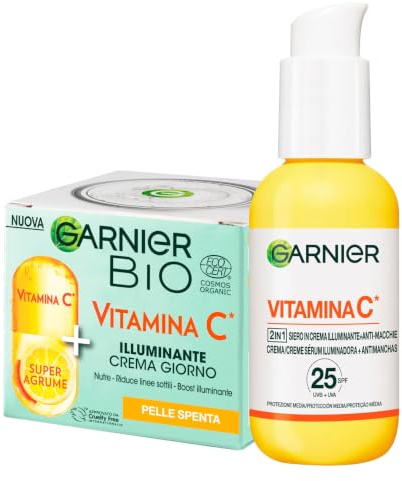 Garnier Bio Tagescreme mit Vitamin C für strahlende Haut, reduziert feine Linien 50ml + SkinActive Vitamin C Gesichtsserum SPF 25 in Creme mit Aufhellungseffekt gegen Pigmentflecken 50ml - Set mit 2