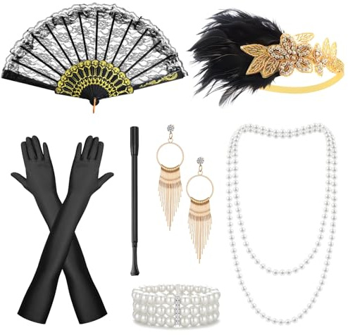 7Stück 20er Jahre Accessoires Damen Set, 1920er Jahre Kostüm Zubehör mit Stirnband, Perlenkette, Ohrringe, Armband, Satin Handschuhe und Spitze Fächer für Great Gatsby Party Karneval Fasching