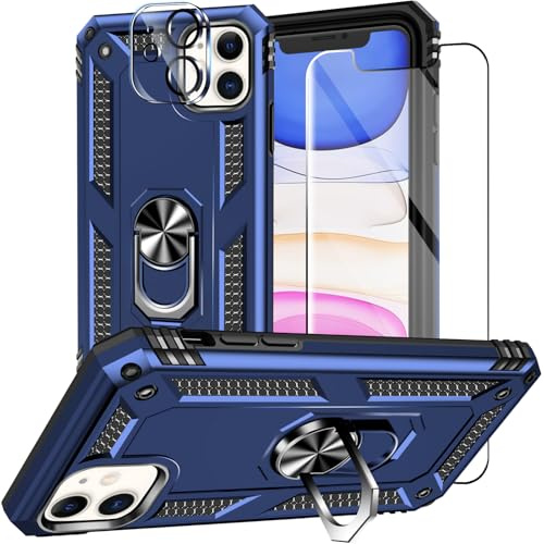 Jihucase for iPhone 11 Case with Screen Protector:[Military Grade Drop Tested] Ring Holder Kickstand Shockproof Anti-Slip Protective Phone Case for iPhone 11 6.1- Blue