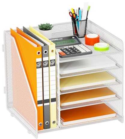 Volmop Schreibtisch-Organizer und Zubehör, 5-stufiger Schreibtisch-Organizer mit Aktenhalter, stapelbare Briefablage zur Aufbewahrung von Büromaterial,weiß