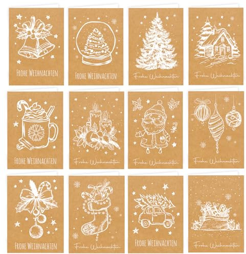 Weihnachtskarten 12er Klappkarten Weihnachtskarten mit Umschlag Set, Elegante Christmas Cards für die schönsten Weihnachtsgrüße im Kraftpapier-Look