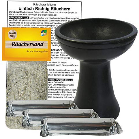 RÄUCHERSCHALE XL Räuchergefäß 6-TLG Starter Set mit Kohle - Räucherkelch NATURSTEIN zum räuchern für jedes Räucherwerk, Weihrauch, Hausreinigung, Rauhnächte mit Räucherzubehör. 81001