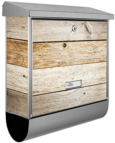 banjado® Burgwächter Briefkasten Edelstahl 38x39x12cm mit Motiv Graues Holz/Briefkasten Edelstahl ohne Zeitungsfach/Briefkasten grau/Postkasten inkl. Montagematerial & 2 Schlüsseln