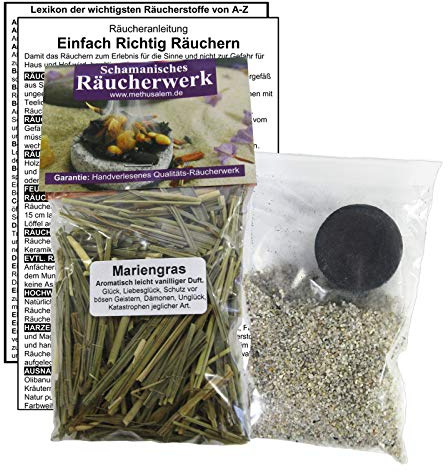 MARIENGRAS Süßgras Vanillegras zum RÄUCHERN. 5-TLG Räucherset - 60ml Räucherwerk mit Räucherkohle (1x) + Räuchersand + Räucheranleitung + Lexikon der wichtigsten Räucherstoffe A-Z. 82060-49
