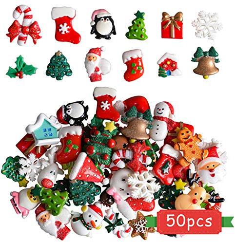 Kalolary Christmas Assorted Craft Resin Ornaments Miniature Ornaments Santa Snowman Tree Bell Resin Decoration for Craft Making, Ornament Scrapbooking DIY Crafts(50Pcs)