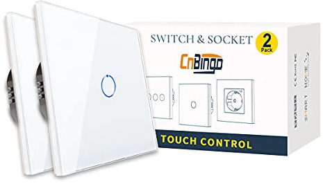 2 Pack CNBINGO 2-Way Dimmer Switch for LED Lights, Single White Touch Light Switch, No Neutral Wire Required, Tempered Glass Panel with LED Backlight, 1-Gang, AC 240V 200W