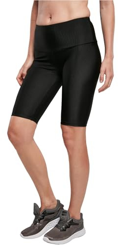 Urban Classics Dam Radler-byxor Ladies High Waist Shiny Rib Cycle Shorts, korta leggings, knälånga sportbyxor för kvinnor, storlekar XS – 5XL, svart, 3XL