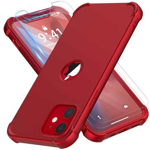 ORETECH für iPhone 12 Hülle Silikon mit Schutzfolie,Rot | Militärschutz Stoßfest Kratzfest Handyhülle für iPhone 12/12 Pro, Vollständiger Kameraschutz, Vorne und Hinten Schutz Case
