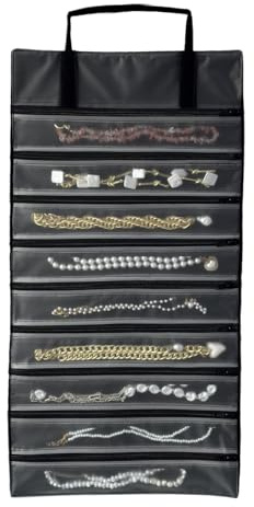 UnionPlus Velvet Jewelry Roll Organizer, 9/11 Grids – Travel Jewelry Case with Zippered Compartments for Necklaces – Compact Portable Jewelry Storage, Black