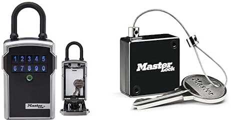 Master Lock Bluetooth-Schlüsselkasten + Ausziehbares Schlüsselkabel [Bluetooth- oder Kombinationsschloss] [Bügel] [Wetterfest] 5440EURD– Select Access® Smart-Schlüsselkasten