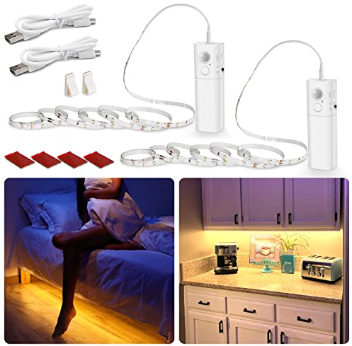 WOBANE Rechargeable Motion Sensor Strip Light, LED Closet Lights,Upgraded Battery Operated LED Strip Light for Wardrobe,Stair,Pantry,Cupboard,Bed,Locker,2700K Warmwhite,6.56ft,2 Pack