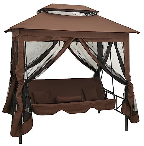 Tidyard Pavillon Schaukelstuhl Hollywoodschaukel, Gartenschaukel mit Bettfunktion, Stahlrahmen, Max. Tragfähigkeit 240 kg, 220 x 160 x 240 cm, Kaffeebraun