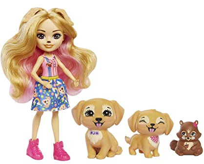 Enchantimals Coffret Famille avec Poupée Gerika Golden Retriever (15 Cm) Et 3 Figurines D’Animaux, Jouet Enfant, Dès 4 Ans, HHB85