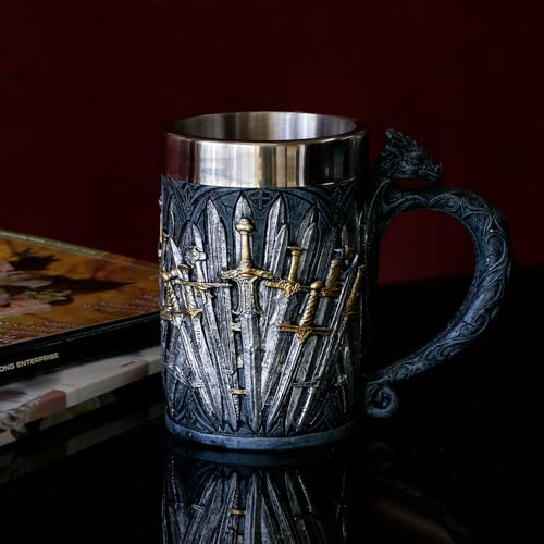 alikiki Medieval Game of Sword Thrones Dragon Coffee Mug 21oz | Large Stainless Steel Beer Tankard, D&D Gifts for Men Women House of the Dragon Merch Collector Party Decorations