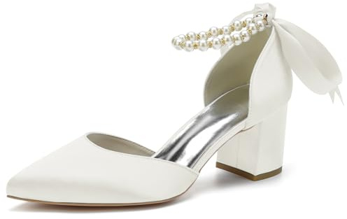HKMFLYY Damen Spitze Spitze Perle Hochzeitsschuhe für Braut Niedrige Absätze Satin Heels mit Schleife Brautschuhe Chunky Block Heels Bequeme Tanzschuhe Pumps, Elfenbein, 40.5 EU