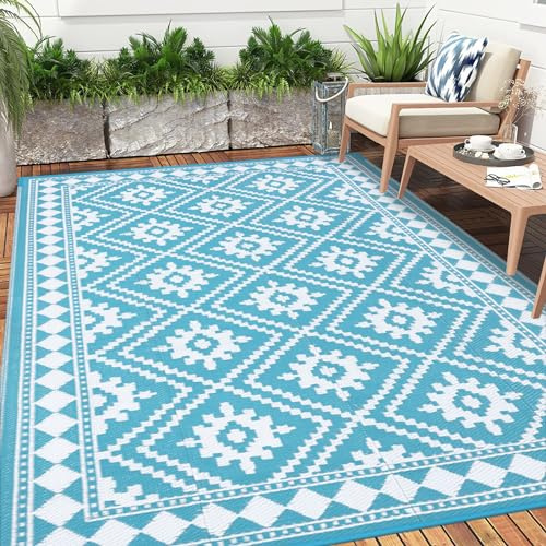 Enyhom Tapis d'extérieur Extra Large, imperméable et Durable, Pliable en Paille en Plastique recyclé, Portable, résistant aux UV, pour Camping-Car, terrasse, Balcon, Porche, (Turquoise, 180 x 270 cm)
