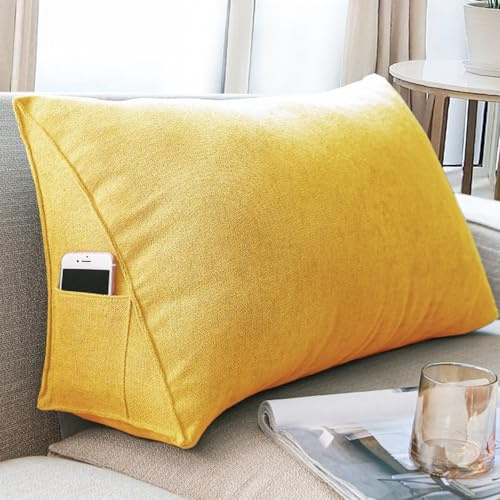 Treer Rückenkissen Lesekissen Keilkissen für Bett Sofa, Nordisch Großes Lendenkissen Rückenlehne Dreieckigen abnehmbarem Sofa Bezug Kopfteilkissen Bettkissen mit Seitenfach (60x35x20cm,Gelb)