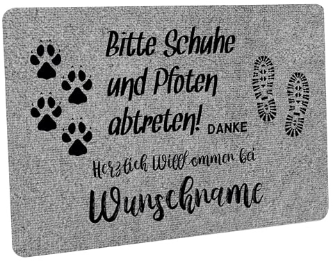 Crealuxe Fussmatte 'Wunschtext/Wunsch Name 'Bitte Schuhe und Pfoten abtreten' (Grauer Teppichhintergrund) personalisiert, Fußabtreter, Fußabstreifer für die Haustür, Fußmatte rutschfest