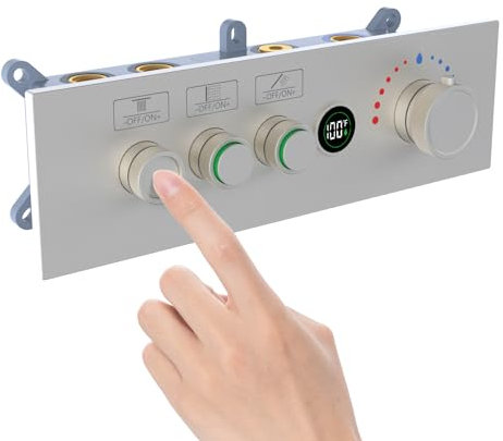 Enga 3-Wege-Thermostatventil mit digitaler Temperaturanzeige, Mischventil, modernes Druckknopf-Duscharmatur, alle Funktionen können gleichzeitig verwendet werden, einstellbarer Durchfluss, gebürstetes