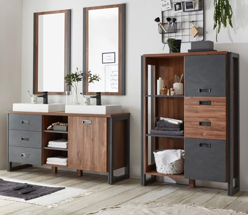 Furn.Design Badmöbel Set in Eiche Stirling und grau Matera Badkombination mit Doppel-Waschbeckenunterschrank, 2X Waschbecken, 2X Spiegel, Highboard im Industrial Desgin 248 x 205 cm Auburn (Set 3)