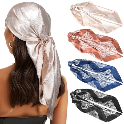 WELROG 90×90cm Große Quadratische Kopftuch Damen - 4 Stück Bandana Damen Seidentuch Haare Haartuch Frauen zum binden Halstuch Damen