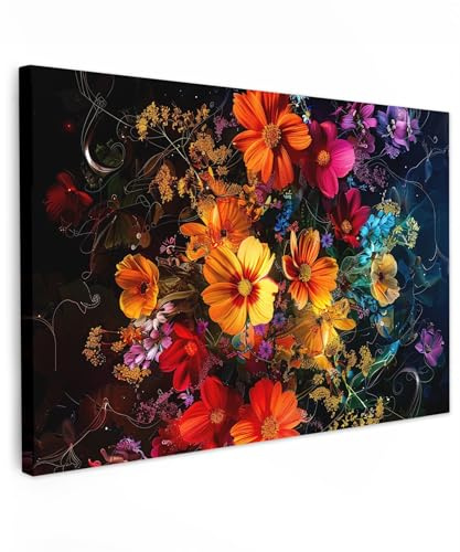 MuchoWow© Leinwand Bilder Groß XXL Wanddeko Wohnzimmer Aesthetic Room Decor | 120x80 cm - Deko Zimmer Wandbilder Modern Bild auf Bunt - Blumen - Farbenfroh - Schwarz