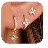 JeweBella 3 Paar Ohrringe Silber 925 für Damen Mädchen - 14K Vergoldet Ohrstecker, Kleine Creolen Gold Hypoallergen Hängend Zirkonia Schmetterling Set für Mehrere Piercings