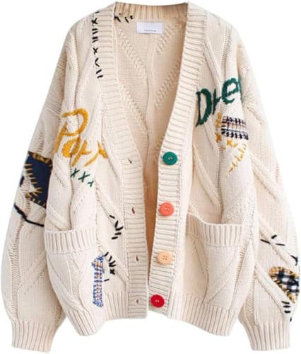 SAGGION Women's Cable Knit Long Sleeve Cardigan V Neck Colorful Open Front Button Embroidered Knitted Sweater Coat Pocket，L Apricot