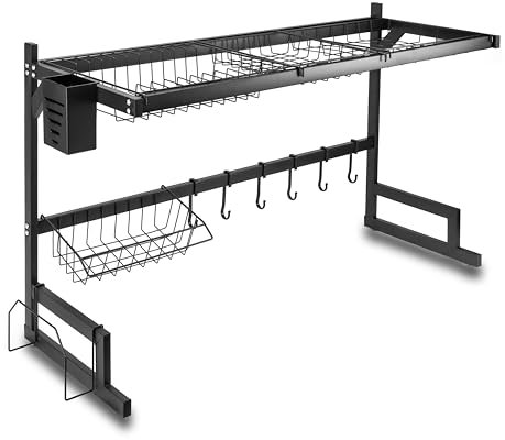 ZANGCO 2-Tier All-in-One Over Sink Dish Drying Rack - Rust-Resistant, Space-Saving Kitchen Organizer (Black)