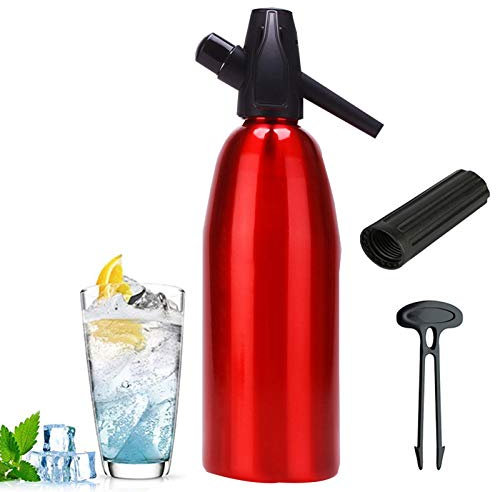 1L Aluminium Soda Siphon Maker Manueller hausgemachter Soda-Spender für Mojitos Gin Fizz Cocktails und Weinspritzer, rote Flasche