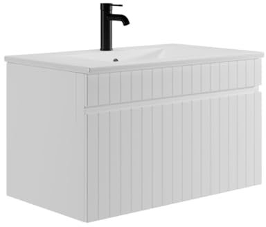 Vente-unique-Waschbeckenunterschrank hängend mit Einbauwaschbecken - Streifen-Optik - Weiß - 80 cm - SATARA